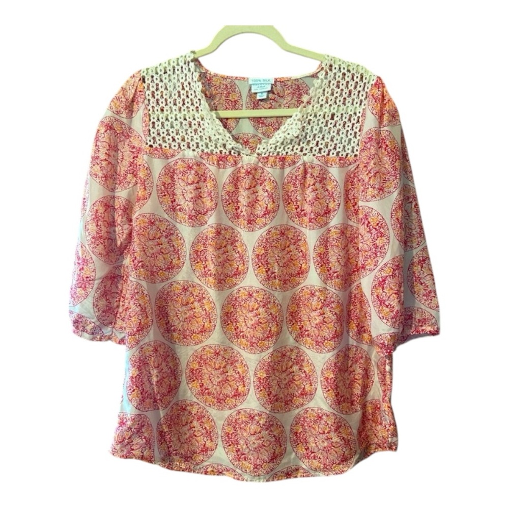 Calypso St. Barth Target Silk Blouse Crochet Pink Medallion Women Size Medium